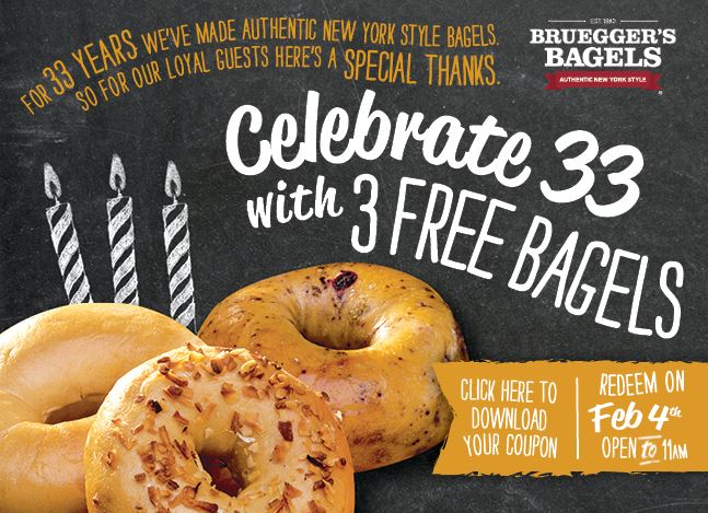 Claim 3 FREE BAGELS from Bruegger’s on 2/4